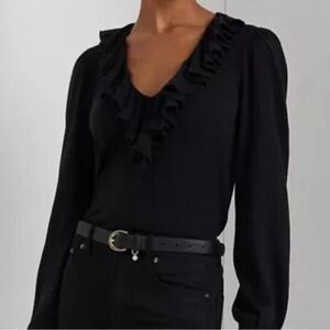 Ralph Lauren Black Ruffle V-Neck Blouse with long sleeves